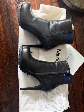 Nando Muzi Black Leather High-Stiletto Ankle Boots with Blue Accents
